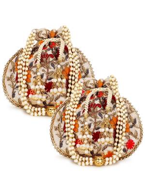 Dangle Cream & Multi Floral Embroidered Faux Silk Potlis Combo (Pack of 2) 1