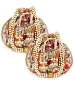 Dangle Cream & Multi Floral Embroidered Faux Silk Potlis Combo (Pack of 2)