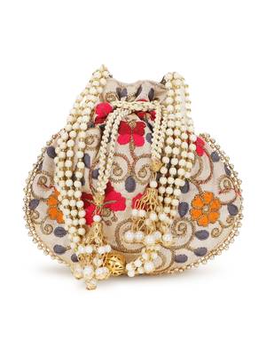 Dangle Cream & Multi Floral Embroidered Faux Silk Potlis Combo (Pack of 2) 2