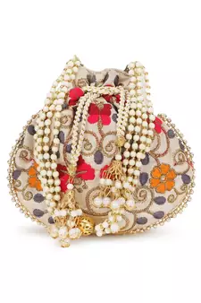 Dangle Cream & Multi Floral Embroidered Faux Silk Potlis Combo (Pack of 2)