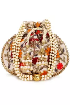 Dangle Cream & Multi Floral Embroidered Faux Silk Potlis Combo (Pack of 2)