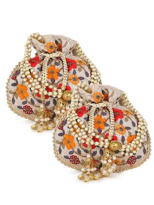 Dangle Cream & Multi Floral Embroidered Faux Silk Potlis Combo (Pack of 2) 1