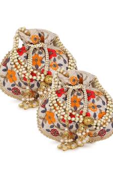 Dangle Cream & Multi Floral Embroidered Faux Silk Potlis Combo (Pack of 2)