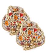 Dangle Cream & Multi Floral Embroidered Faux Silk Potlis Combo (Pack of 2)