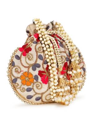 Dangle Cream & Multi Floral Embroidered Faux Silk Potlis Combo (Pack of 2) 3