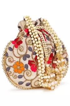 Dangle Cream & Multi Floral Embroidered Faux Silk Potlis Combo (Pack of 2)