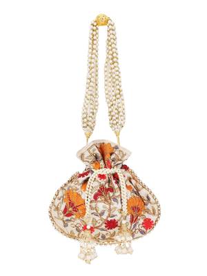 Dangle Cream & Multi Floral Embroidered Faux Silk Potlis Combo (Pack of 2) 3