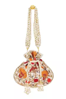Dangle Cream & Multi Floral Embroidered Faux Silk Potlis Combo (Pack of 2)