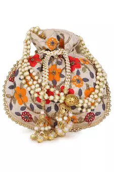 Dangle Cream & Multi Floral Embroidered Faux Silk Potlis Combo (Pack of 2)
