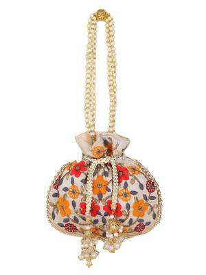 Dangle Cream & Multi Floral Embroidered Faux Silk Potlis Combo (Pack of 2) 3