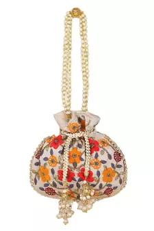 Dangle Cream & Multi Floral Embroidered Faux Silk Potlis Combo (Pack of 2)
