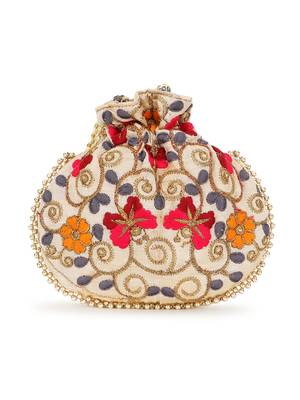 Dangle Cream & Multi Floral Embroidered Faux Silk Potlis Combo (Pack of 2) 4