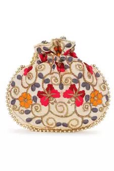 Dangle Cream & Multi Floral Embroidered Faux Silk Potlis Combo (Pack of 2)