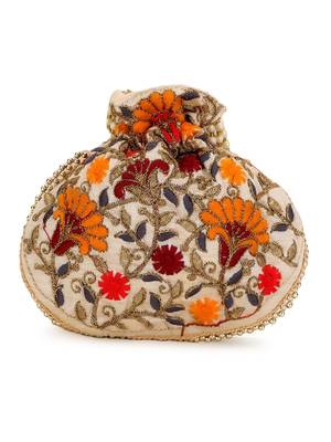 Dangle Cream & Multi Floral Embroidered Faux Silk Potlis Combo (Pack of 2) 4