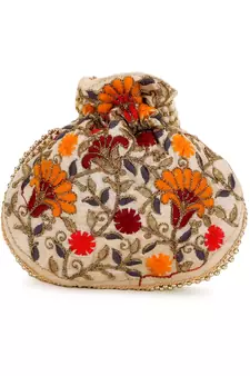 Dangle Cream & Multi Floral Embroidered Faux Silk Potlis Combo (Pack of 2)