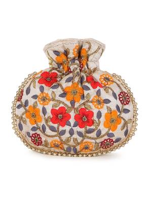 Dangle Cream & Multi Floral Embroidered Faux Silk Potlis Combo (Pack of 2) 4