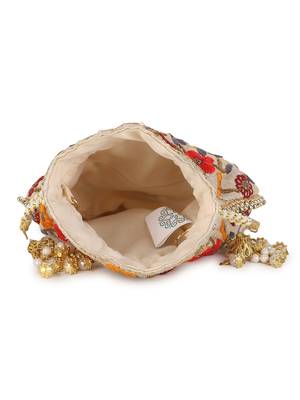 Dangle Cream & Multi Floral Embroidered Faux Silk Potlis Combo (Pack of 2) 5