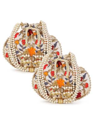 Dangle Cream & Multi Floral Embroidered Faux Silk Potlis Combo (Pack of 2) 1