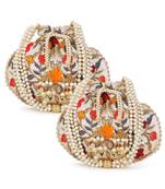 Dangle Cream & Multi Floral Embroidered Faux Silk Potlis Combo (Pack of 2)