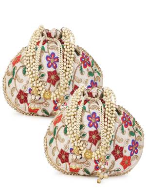 Dangle Cream & Multi Floral Embroidered Faux Silk Potlis Combo (Pack of 2) 1