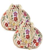 Dangle Cream & Multi Floral Embroidered Faux Silk Potlis Combo (Pack of 2)