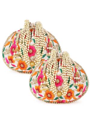 Dangle Cream & Multi Floral Embroidered Faux Silk Potlis Combo (Pack of 2) 1