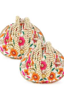 Dangle Cream & Multi Floral Embroidered Faux Silk Potlis Combo (Pack of 2)
