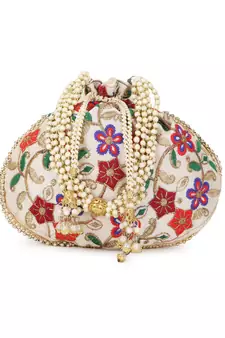 Dangle Cream & Multi Floral Embroidered Faux Silk Potlis Combo (Pack of 2)