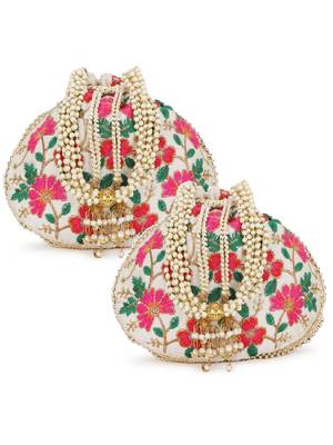 Dangle Cream & Multi Floral Embroidered Faux Silk Potlis Combo (Pack of 2) 1