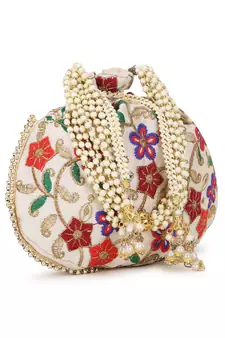 Dangle Cream & Multi Floral Embroidered Faux Silk Potlis Combo (Pack of 2)