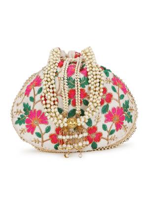 Dangle Cream & Multi Floral Embroidered Faux Silk Potlis Combo (Pack of 2) 2