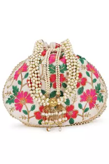 Dangle Cream & Multi Floral Embroidered Faux Silk Potlis Combo (Pack of 2)