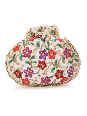 Dangle Cream & Multi Floral Embroidered Faux Silk Potlis Combo (Pack of 2) 4