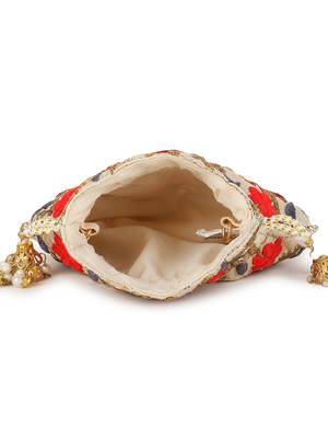 Dangle Cream & Multi Floral Embroidered Faux Silk Potlis Combo (Pack of 2) 5