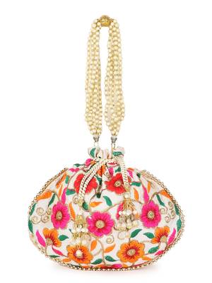 Dangle Cream & Multi Floral Embroidered Faux Silk Potlis Combo (Pack of 2) 3