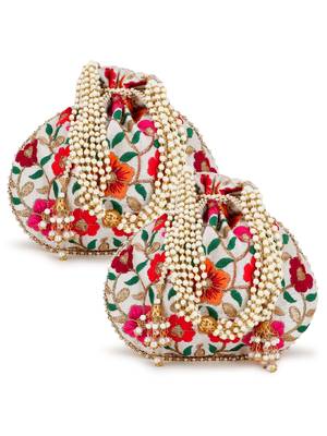 Dangle Cream & Multi Floral Embroidered Faux Silk Potlis Combo (Pack of 2) 1