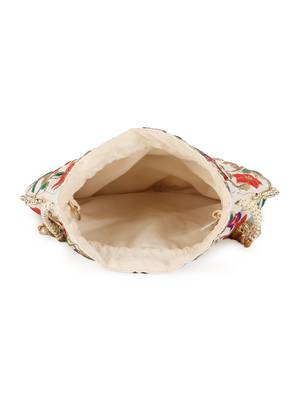 Dangle Cream & Multi Floral Embroidered Faux Silk Potlis Combo (Pack of 2) 5