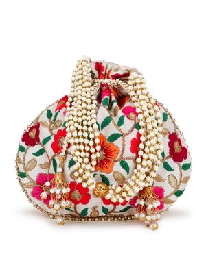 Dangle Cream & Multi Floral Embroidered Faux Silk Potlis Combo (Pack of 2) 2