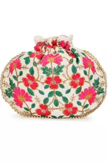 Dangle Cream & Multi Floral Embroidered Faux Silk Potlis Combo (Pack of 2)