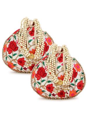 Dangle Cream & Multi Floral Embroidered Faux Silk Potlis Combo (Pack of 2) 1