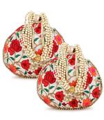 Dangle Cream & Multi Floral Embroidered Faux Silk Potlis Combo (Pack of 2)