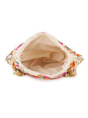 Dangle Cream & Multi Floral Embroidered Faux Silk Potlis Combo (Pack of 2) 5