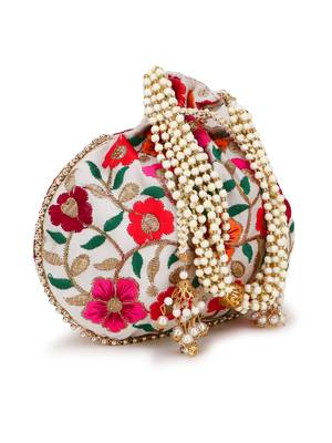 Dangle Cream & Multi Floral Embroidered Faux Silk Potlis Combo (Pack of 2) 3