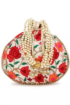 Dangle Cream & Multi Floral Embroidered Faux Silk Potlis Combo (Pack of 2)