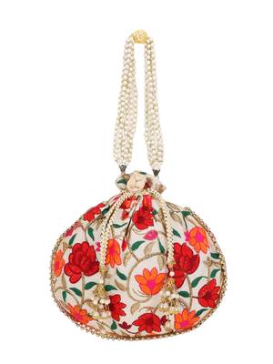 Dangle Cream & Multi Floral Embroidered Faux Silk Potlis Combo (Pack of 2) 3