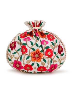 Dangle Cream & Multi Floral Embroidered Faux Silk Potlis Combo (Pack of 2) 4