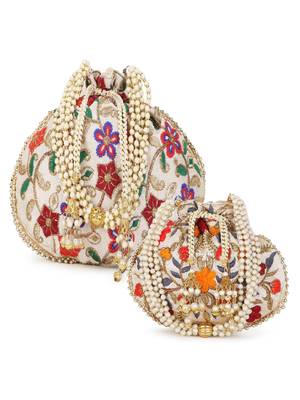 Dangle Mother Daughter Floral Embroidered Faux Silk Potlis Combo (Pack of 2) 1