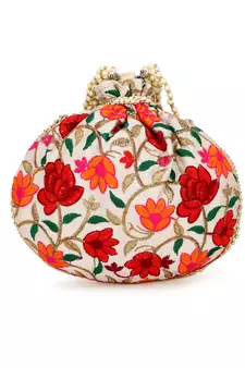 Dangle Cream & Multi Floral Embroidered Faux Silk Potlis Combo (Pack of 2)