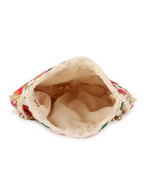 Dangle Cream & Multi Floral Embroidered Faux Silk Potlis Combo (Pack of 2) 5