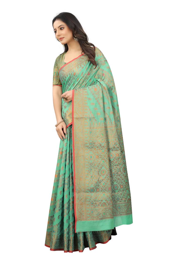 Women'S Chanderi Cotton Silk Saree With Unstitched Boluse Piece